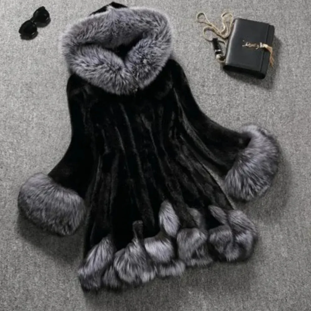 Women Casual Faux Mink Fur Coat With Fox Fur Collar Knitted Polyester Fa… - Picture 1 of 7